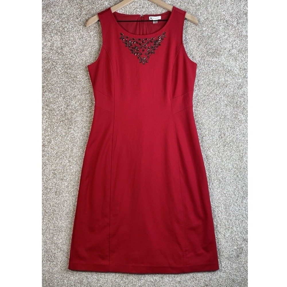 Garnet Hill Sheath Dress Women's 12 Red Beaded Neckline Sleeveless Knee Length